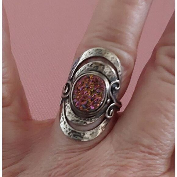 PZ Creations Israel Sterling Silver & Pink Druzy Gemstone Statement Ring Sz 8.25 - Picture 4 of 4